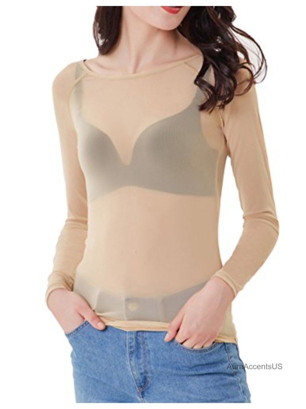 Women's Sheer Mesh Long Sleeve Blouse Crew Neck Stretchy Party Top Athletic
